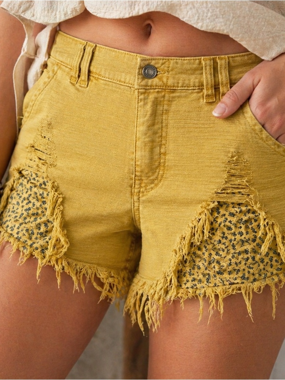 Anthropologie Mustard Yellow Distressed Denim Shorts with Floral Patch